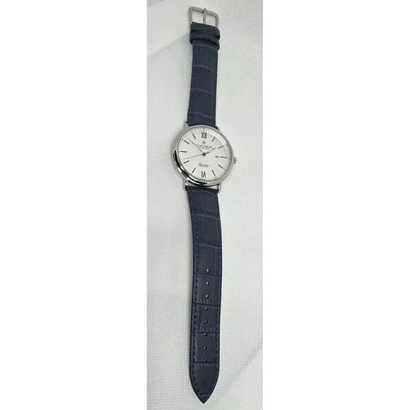 Man's Classic Luxury Round Date Silver Tone Case Blue Leather Strap Watch 13 - Picture 5 of 8